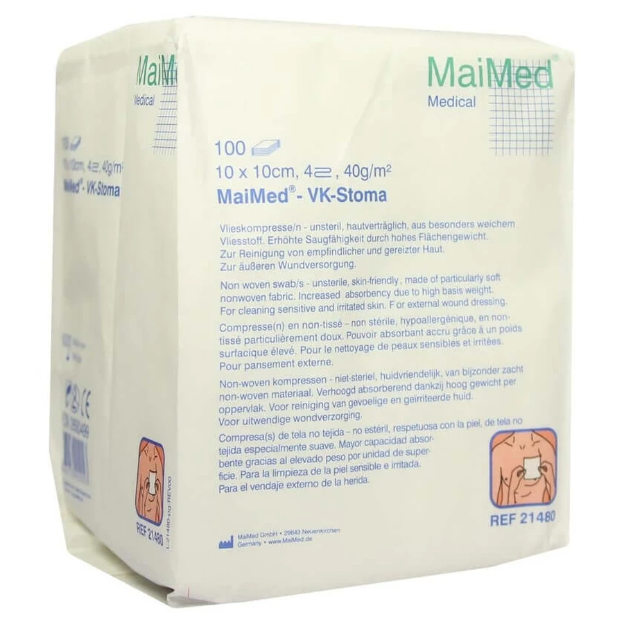 MaiMed VK Stoma Vlieskompressen 10 x 10 cm, 4-fach, 40 g/m², unsteril 100 St