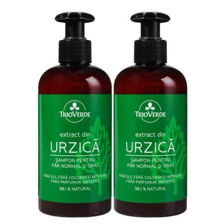 Pachet Sampon pentru par normal si gras cu Extract de Urzica, 2x250 ml, Trio Verde