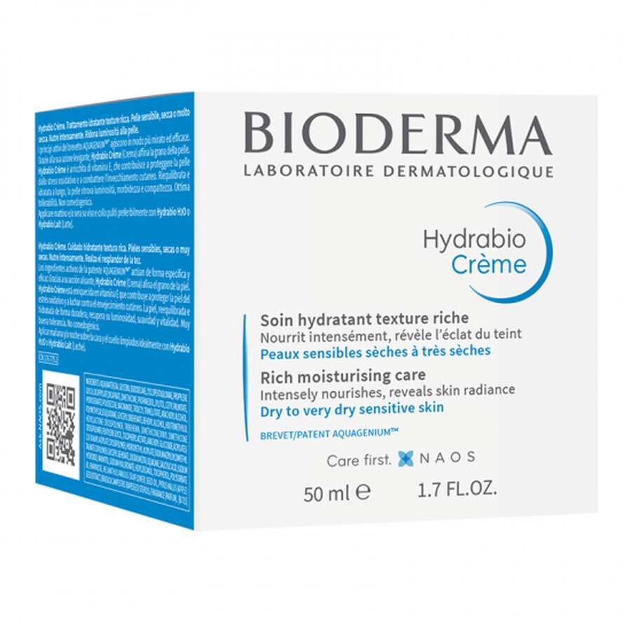 Bioderma Hydrabio Crème Hydratante pour Peaux Sensibles et Sèches, 50 ml