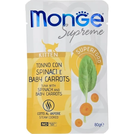 Monge Supreme Gatito: atún con espinacas y zanahorias baby - Alimento complementario para gatitos, 80 g