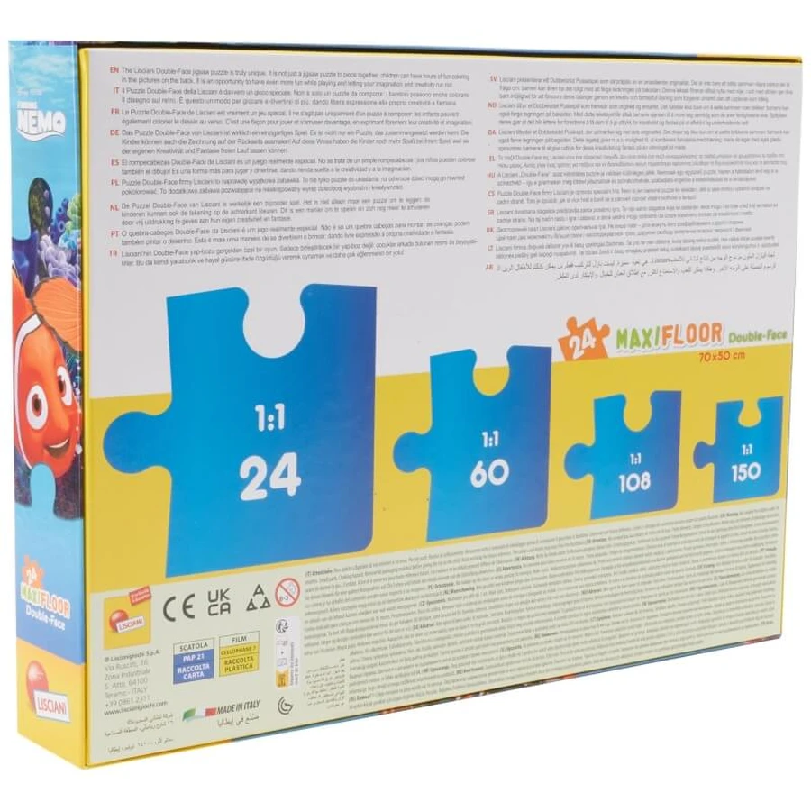 Lisciani Disney Nemo - Rompecabezas maxi de suelo de 24 piezas, de doble cara, con una página para colorear en el reverso