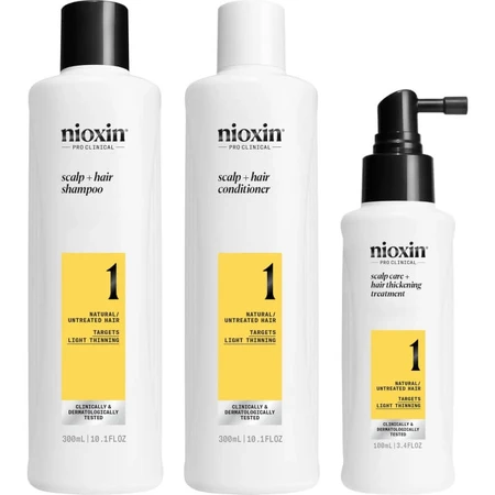 Set Nioxin System 1 – trusă pentru volum: șampon 300 ml + balsam 300 ml + tratament 100 ml