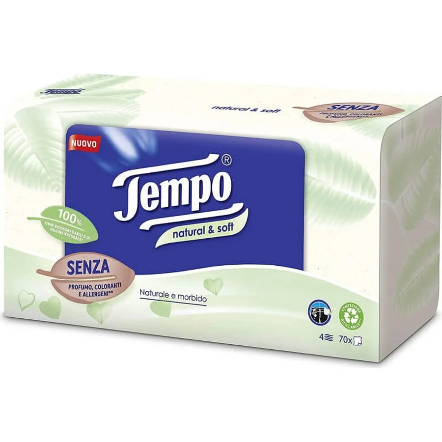 Tempo Natural &amp; soft – cutie cu 70 de șervețele de hârtie naturale și moi