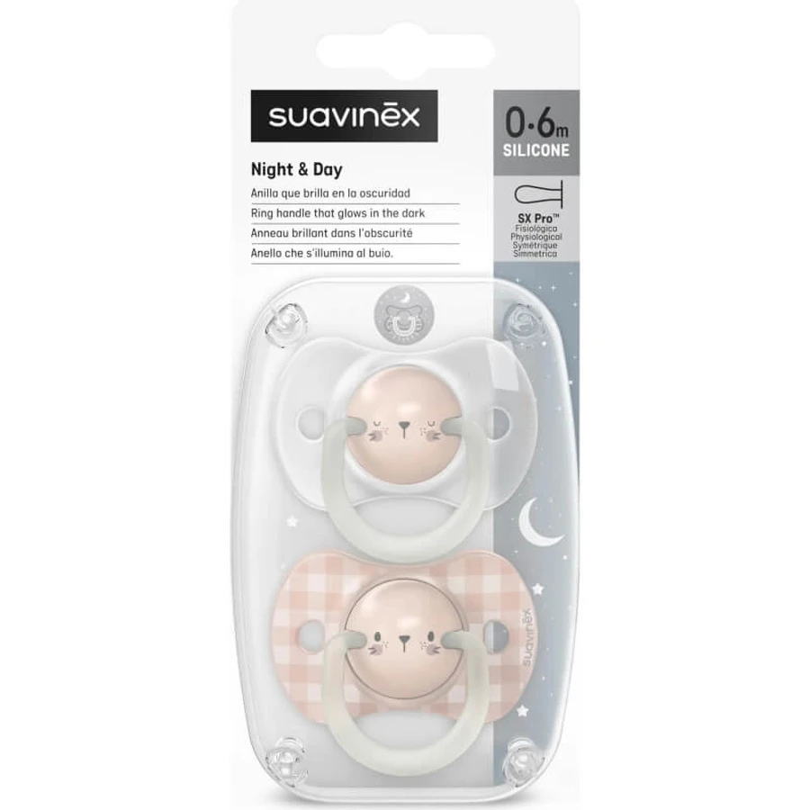Suavinex Night &amp; Day - Chupete de silicona para 0-6 meses - Rosa