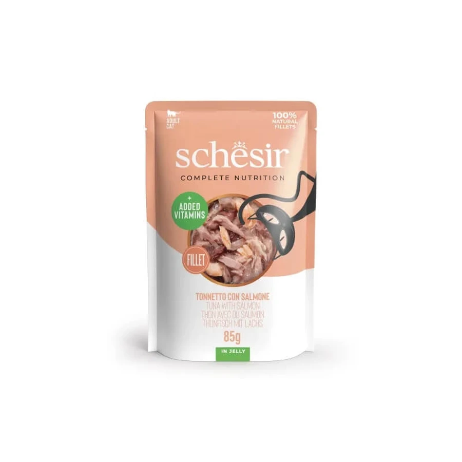 Schesir : filets de thon et de saumon en gelée - Aliment complet pour chat, 85 g