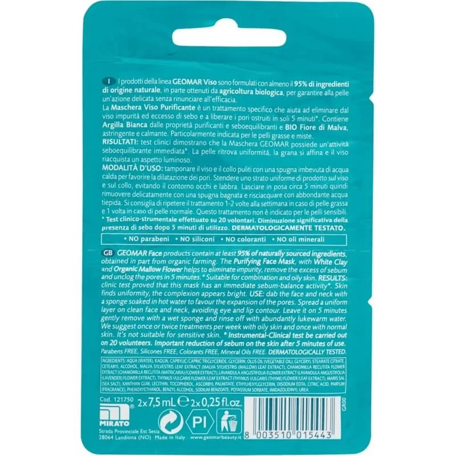 Geomar Pure Skin - Masque visage purifiant et matifiant, 2 doses