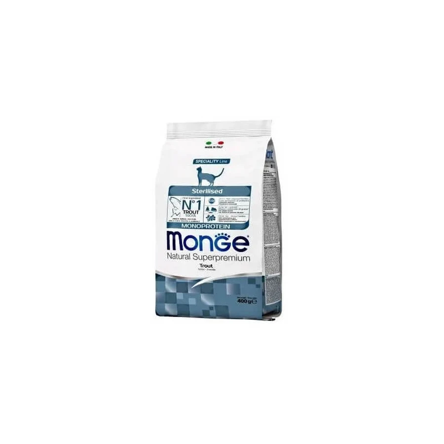 Monge Sterilised monoproteină de păstrăv – hrană uscată pentru pisici sterilizate, 400 g