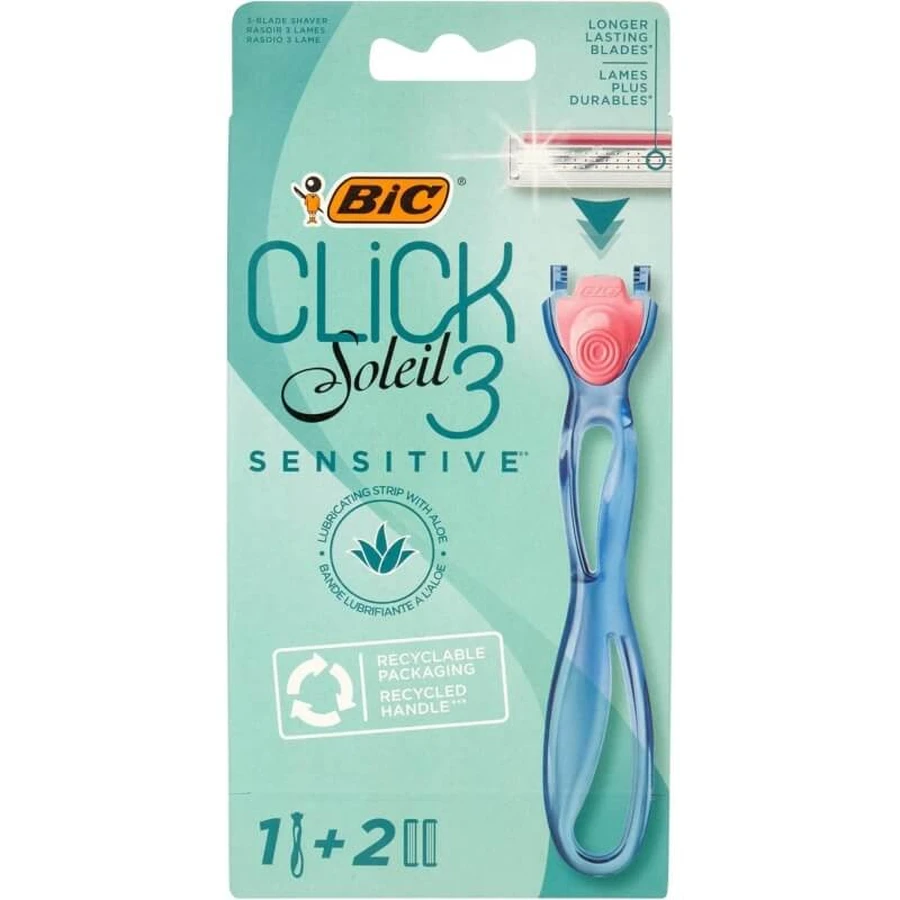 Bic Click 3 Soleil Sensitive – Nachfüllbarer Rasierer für Frauen, mit einem Griff aus recyceltem Kunststoff + 2 Ersatzklingen