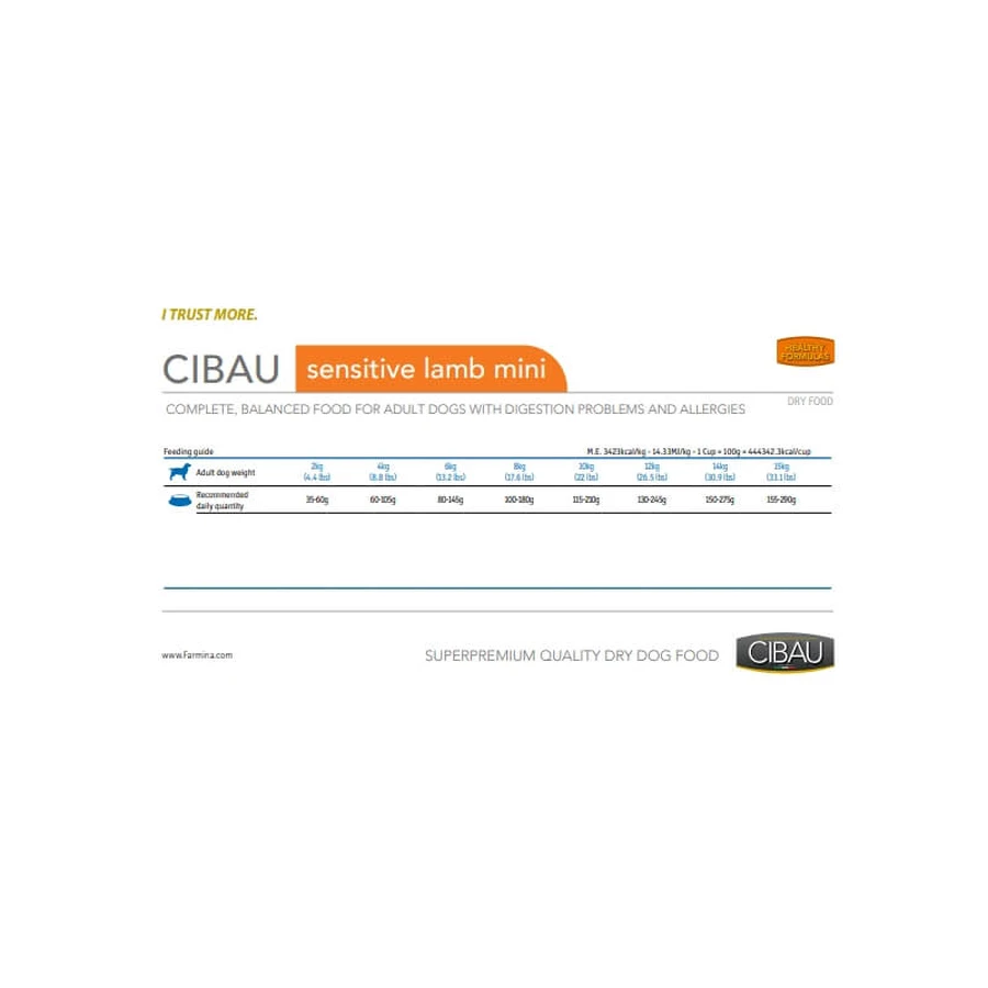 Farmina Cibau Adult Mini Sensitive cu miel – hrană completă pentru câini adulți cu probleme digestive/alergice, 2,5 kg