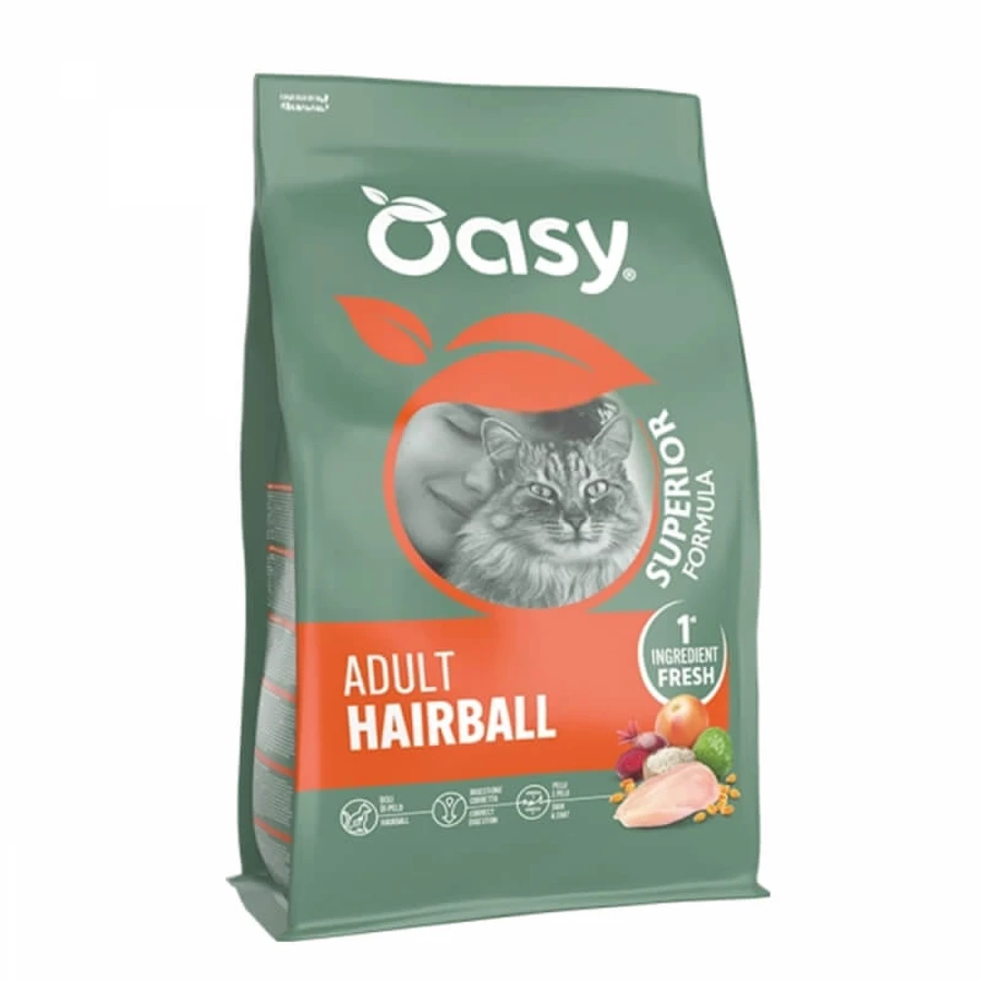 Oasy Superior cu pui – hrană completă pentru pisici adulte, împotriva ghemurilor de păr, 300 g