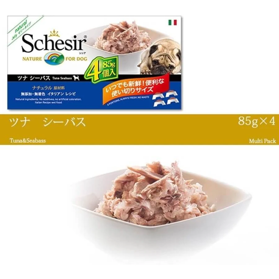 Schesir voor honden, multipack met tonijn en zeebaars – Volledig voer voor volwassen honden, 4 x 85 g