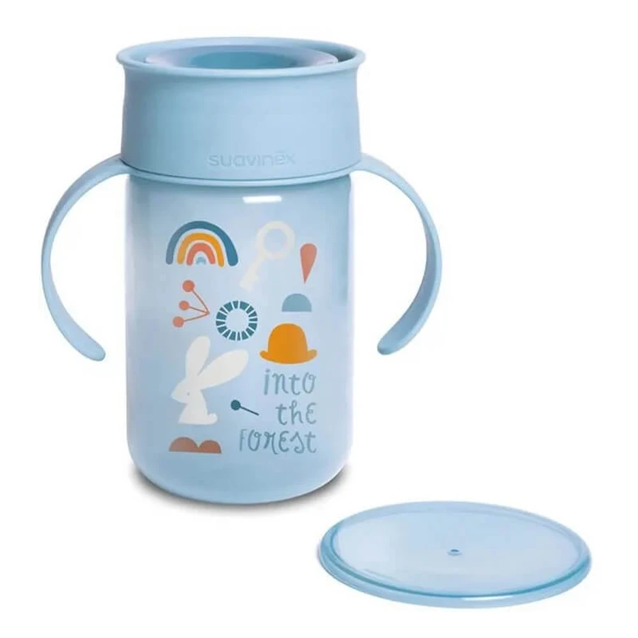 Suavinex 360° training cup forest – cană cu mânere, de 340 ml, pentru copii de peste 12 luni, de culoare albastru deschis