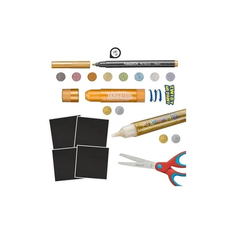 Carioca Metallic Creator – 4 Bögen schwarzer Karton, 8 Metallic-Stifte mit feiner Spitze, 2 Deckkfarben, 2 Tuben Glitzerkleber und 1 Schere