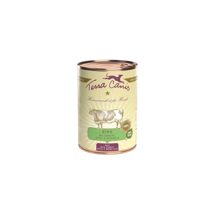 Terra Canis Classic – carne de vită cu morcovi, mere și orez integral – hrană completă pentru câini adulți cu greutate normală, 400 g