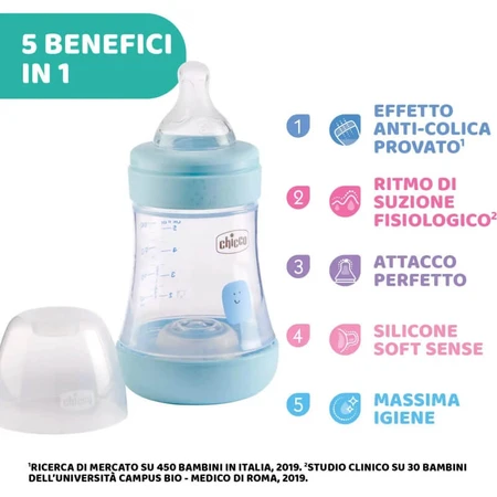 Chicco Perfect 5 - Biberon anti-colique à débit lent, 150 ml, bleu clair