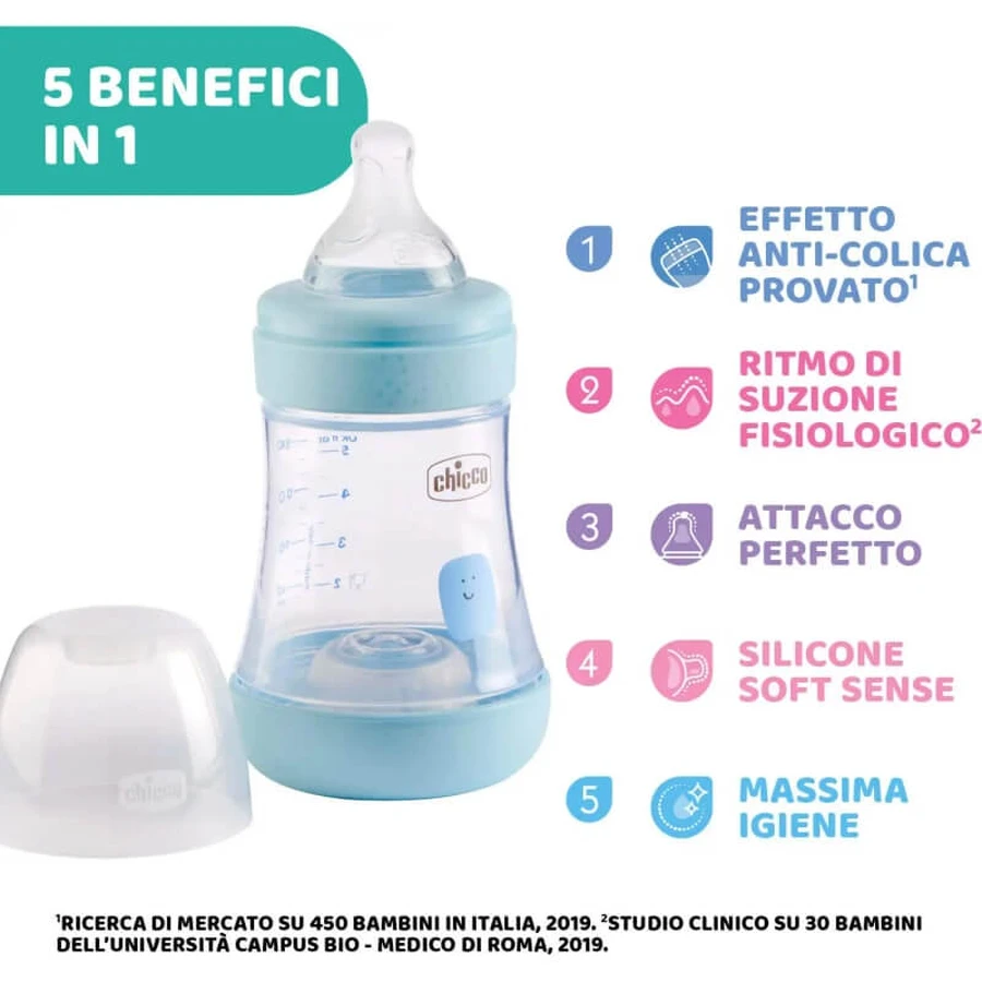 Chicco Perfect 5 - Biberon anti-colique à débit lent, 150 ml, bleu clair