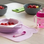 Set Chicco pentru masa bebelușilor de la 6 luni în sus: farfurie, lingură și cană, albastru