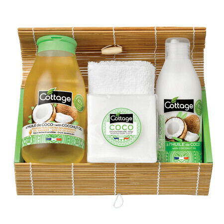 Pachet Coconut Ulei de dus, 250 ml + Lapte de corp, 200 ml + Sapun solid, 100 g + Prosop, Cottage