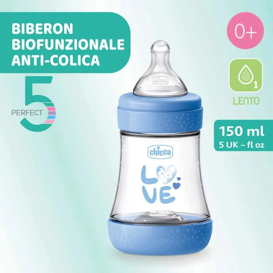 Chicco Perfect 5 Azul claro - Biberón de flujo lento, 150 ml