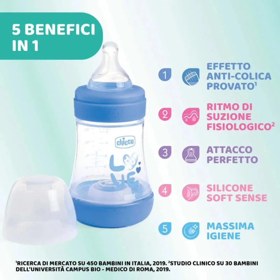 Chicco Perfect 5 Azul claro - Biberón de flujo lento, 150 ml