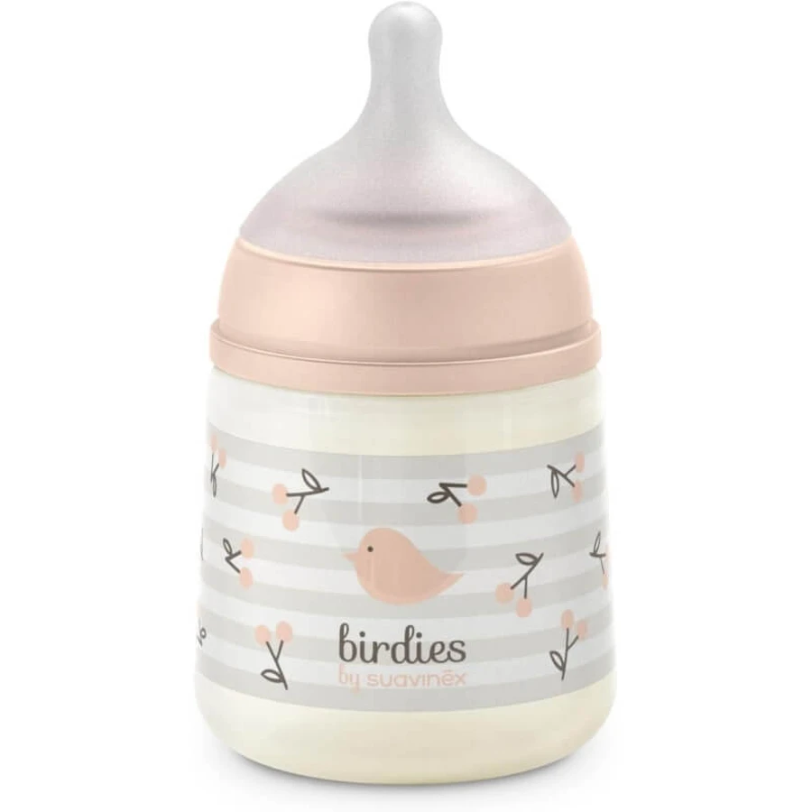 Suavinex Birdies – Babyflasche mit SX Pro Anti-Kolik-Silikonsauger, ab 0 Monaten, rosa, 150 ml