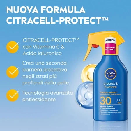 Protector solar Nivea SPF 30 «Sun Protect &amp; Hydrate Citracell Protect», en spray con pulverizador, 250 ml