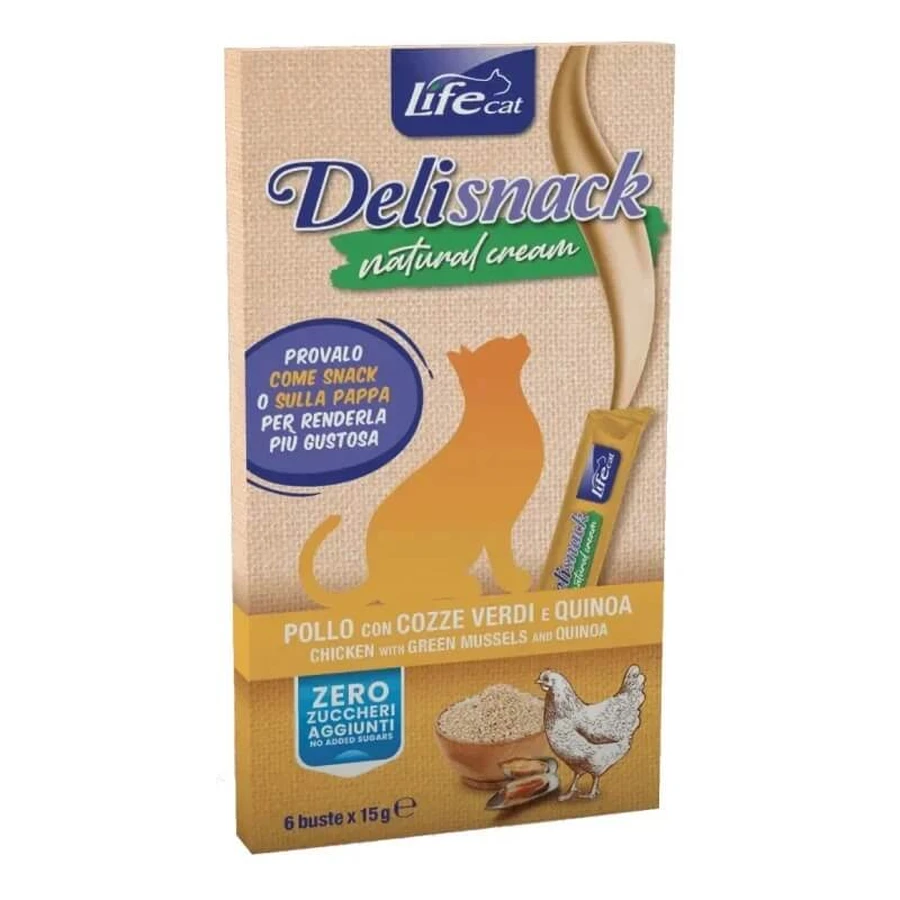 Life Petcare Deli Natural Cream Snack mit Huhn, Miesmuscheln und Quinoa – Katzensnack, 100 g
