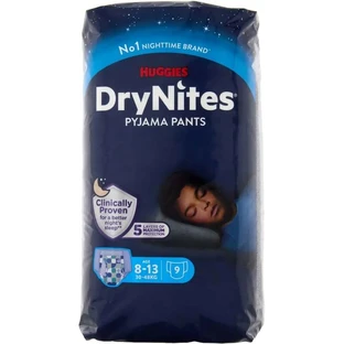 Huggies DryNites pentru băieți – scutece tip chiloți pentru copii cu vârsta între 8 și 15 ani, 27/57 kg, 9 buc.