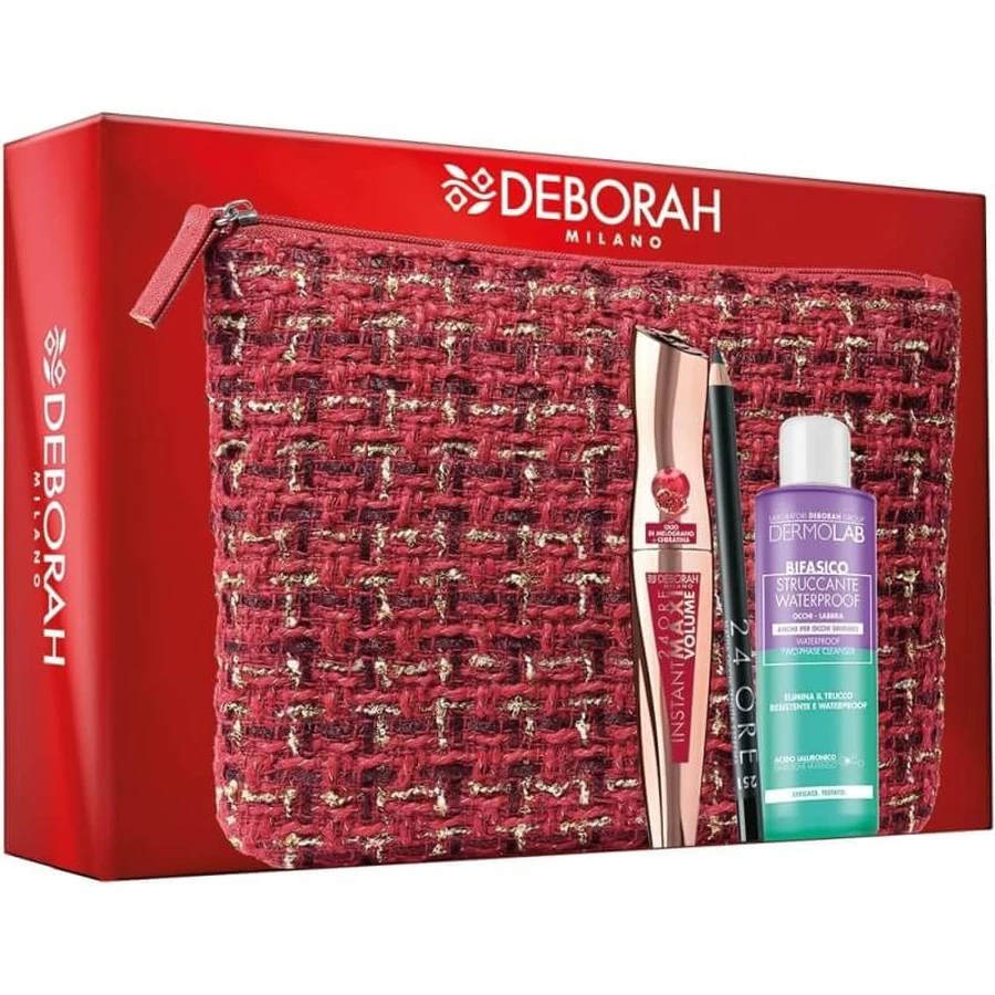 Deborah Kit: Perfect Look - Instant Maxi Volume Mascara + 24-uurs zwart oogpotlood + tweefasige make-upremover + clutch