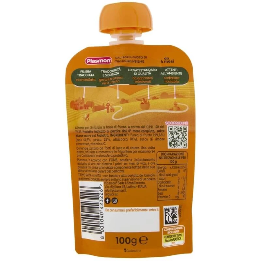 Plasmon Apfel-, Pfirsich- und Aprikosen-Smoothie – püriert für Babys ab 6 Monaten, 100 g