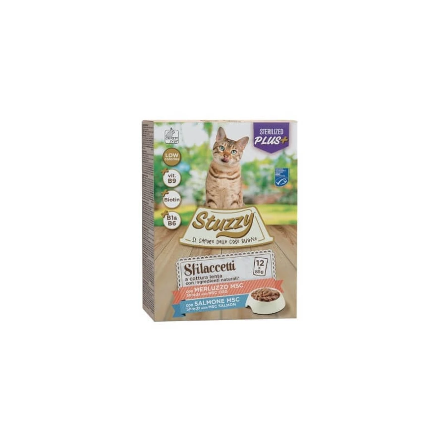 Stuzzy Multipack sfilaccetti sterilized salmone e merluzzo - alimento completo per gatti sterilizzati 12 x 85 gr