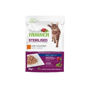 Natural Trainer Adult Sterilised Bocconcini de curcan – hrană completă pentru pisici sterilizate, 85 g