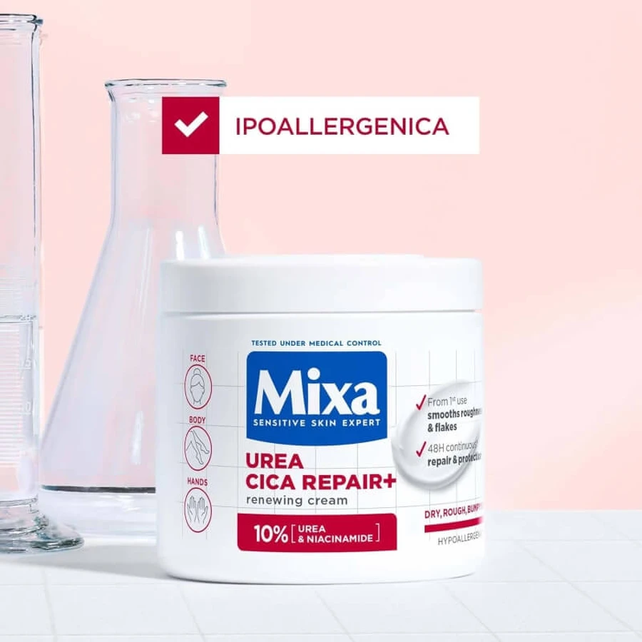 Mixa Balsam de corp cu uree și Cica Repair+ - tratament regenerant cu 10% uree pentru pielea uscată, aspră și crăpată, 400 ml