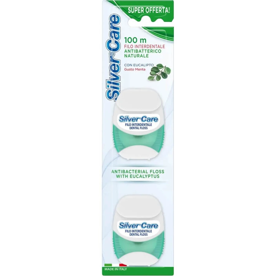 Hilo dental antibacteriano Silver Care con sabor a eucalipto y menta, 2 x 50 m
