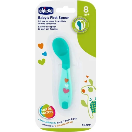 Chicco – prima linguriță cu vârful înclinat, 8 luni+, albastru