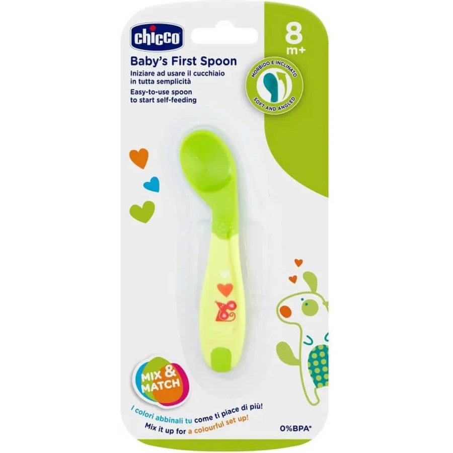 Chicco – prima linguriță cu vârful înclinat, 8 luni+, albastru