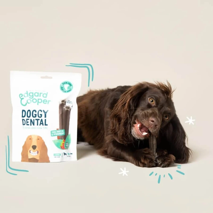 Edgard & Cooper Doggy Dental – roślinne pałeczki dentystyczne dla psów średniej wielkości, o smaku truskawkowo-miętowym, 160 g: ceny i cechy