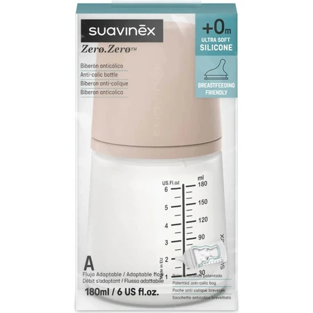 Suavinex Zero Zero Medium 0m+ - Biberón anticólicos con flujo ajustable, 180 ml