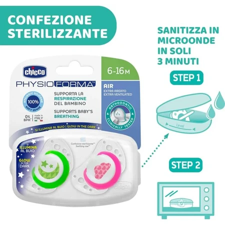 Chicco Physio Air Lumi 6–16 meses – 2 chupetes de silicona – colores variados