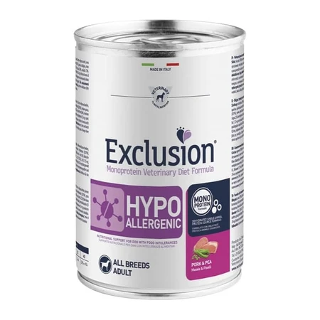 Exclusion Diet – formulă hipoalergenică cu carne de porc și mazăre – hrană dietetică pentru câini cu intoleranțe, 400 g
