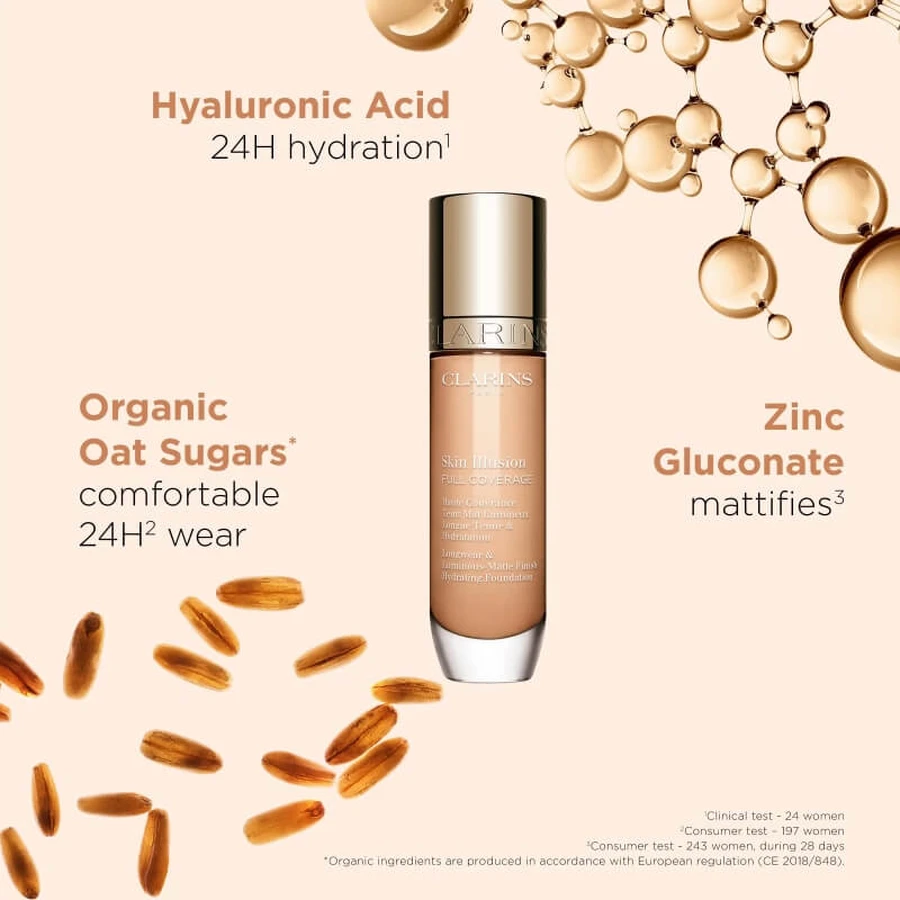 Clarins Skin Illusion Full Coverage – Strahlende, matte Foundation – Nr. 107c