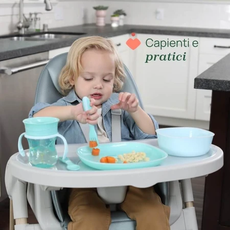 Set complet Chicco pentru diversificare alimentară 12 luni+ – set cu cană, bol și farfurie plată antiderapantă, de culoare albastră