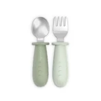 Suavinex Selection Set of Adjustable Weaning Cutlery, Stainless Steel with Silicone Handles, 6 months and up – Green