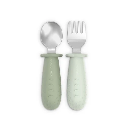 Suavinex Selection Set of Adjustable Weaning Cutlery, Stainless Steel with Silicone Handles, 6 months and up – Green