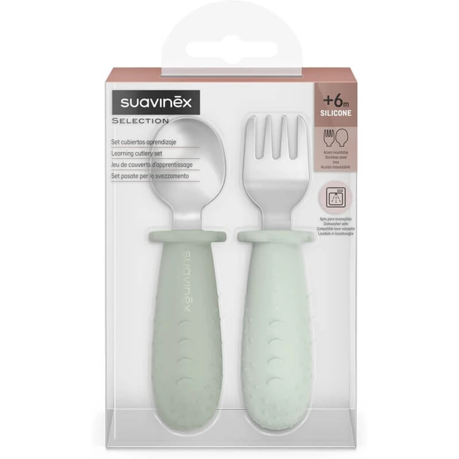 Suavinex Selection Set of Adjustable Weaning Cutlery, Stainless Steel with Silicone Handles, 6 months and up – Green