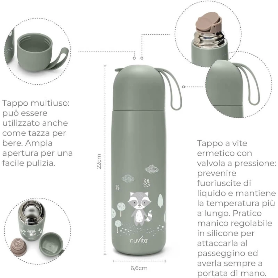 Nuvita Thermos - Botella térmica con asa ajustable de silicona, verde salvia, 400 ml