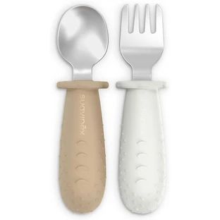 Suavinex Selection Set of Adjustable Weaning Cutlery, Stainless Steel with Silicone Handles, 6 months and up – Beige