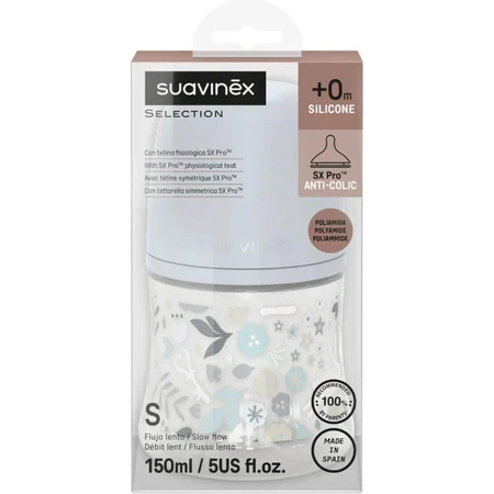Suavinex Wonderland – 150-ml-Flasche mit langsamem Durchfluss – hellblau mit Liberty-Muster