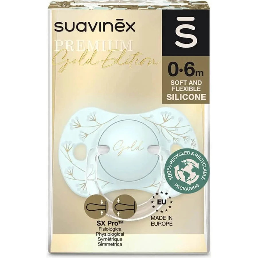 Suavinex Gold Edition 0-6 meses - chupete con tetina plana y simétrica de silicona - azul claro