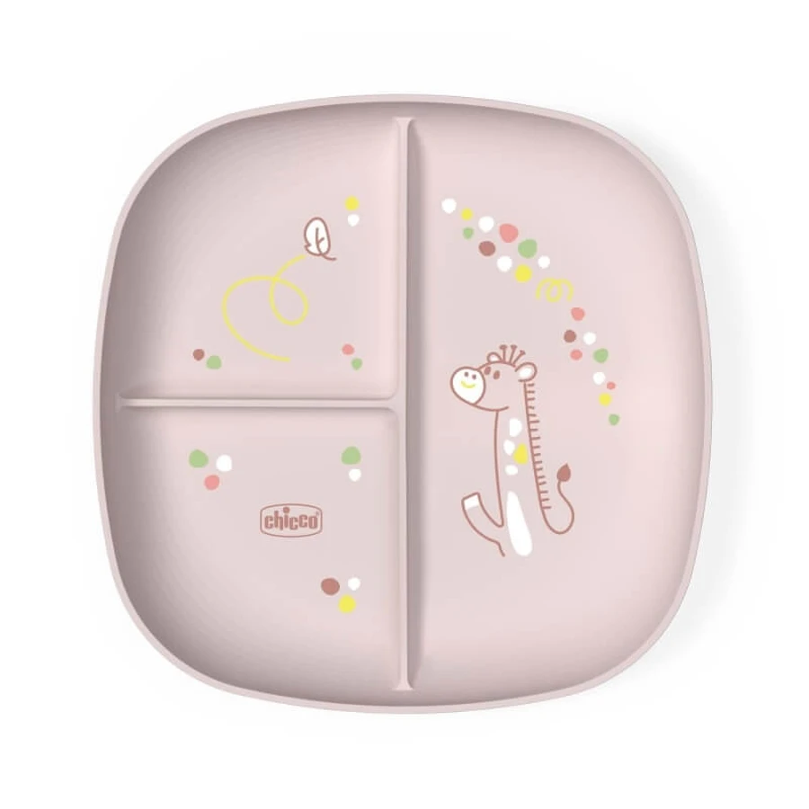 Plato con compartimentos Chicco - Plato rosa de 3 compartimentos, a partir de los 12 meses